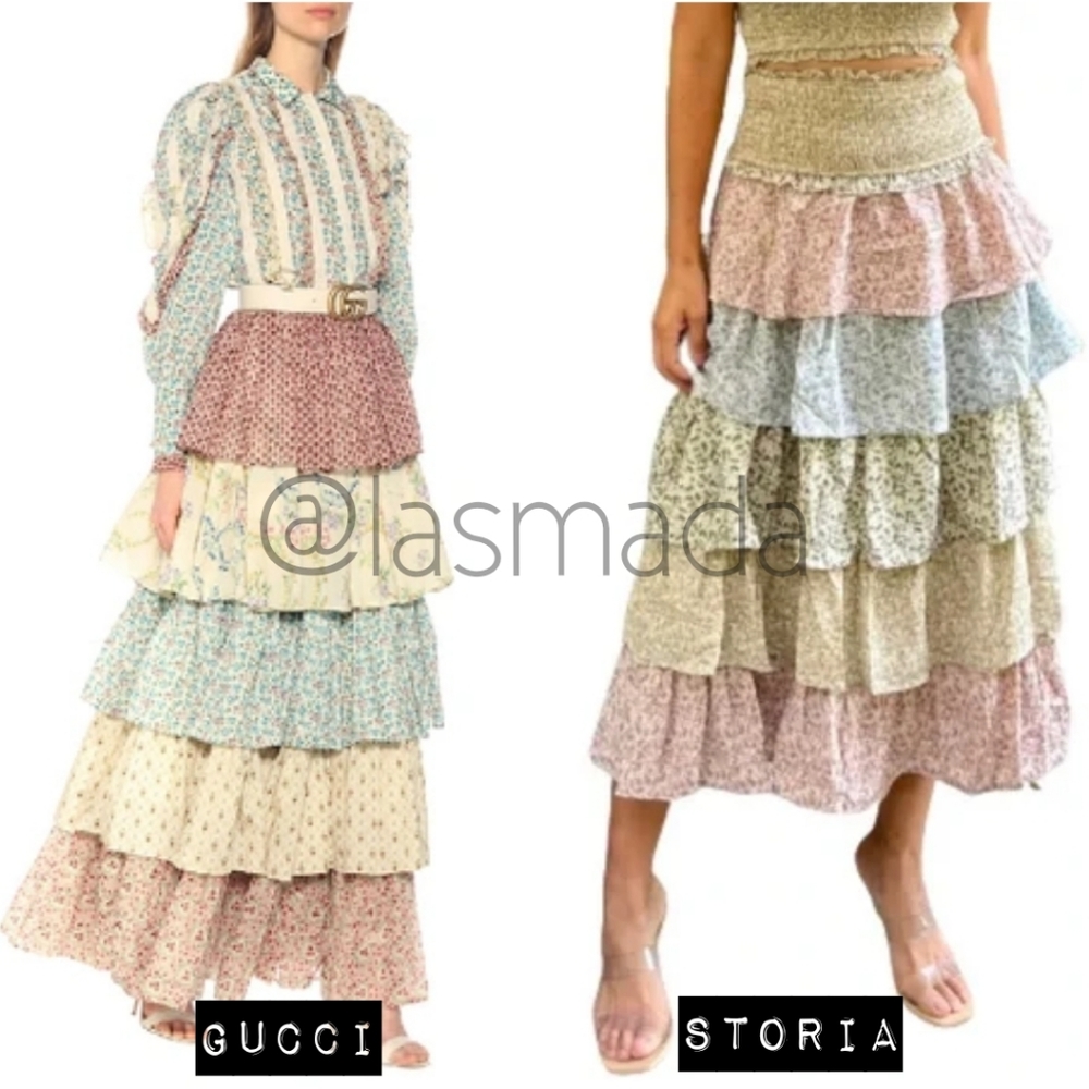 STORIA ANTHROPOLOGIE Smocked Tiered Maxi Skirt M Floral Boho Festival Cottage - Picture 4 of 16